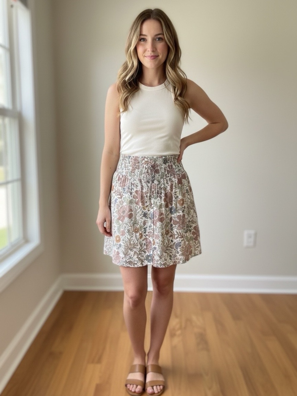 Women’s Floral Smocked Waist Mini Skirt - Cream Multi